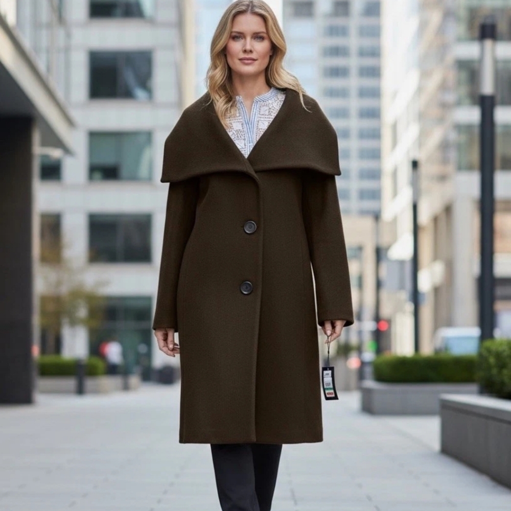 DKNY Wool Blend Brown Walking Trench Coat with Wide Collar Size Medium New